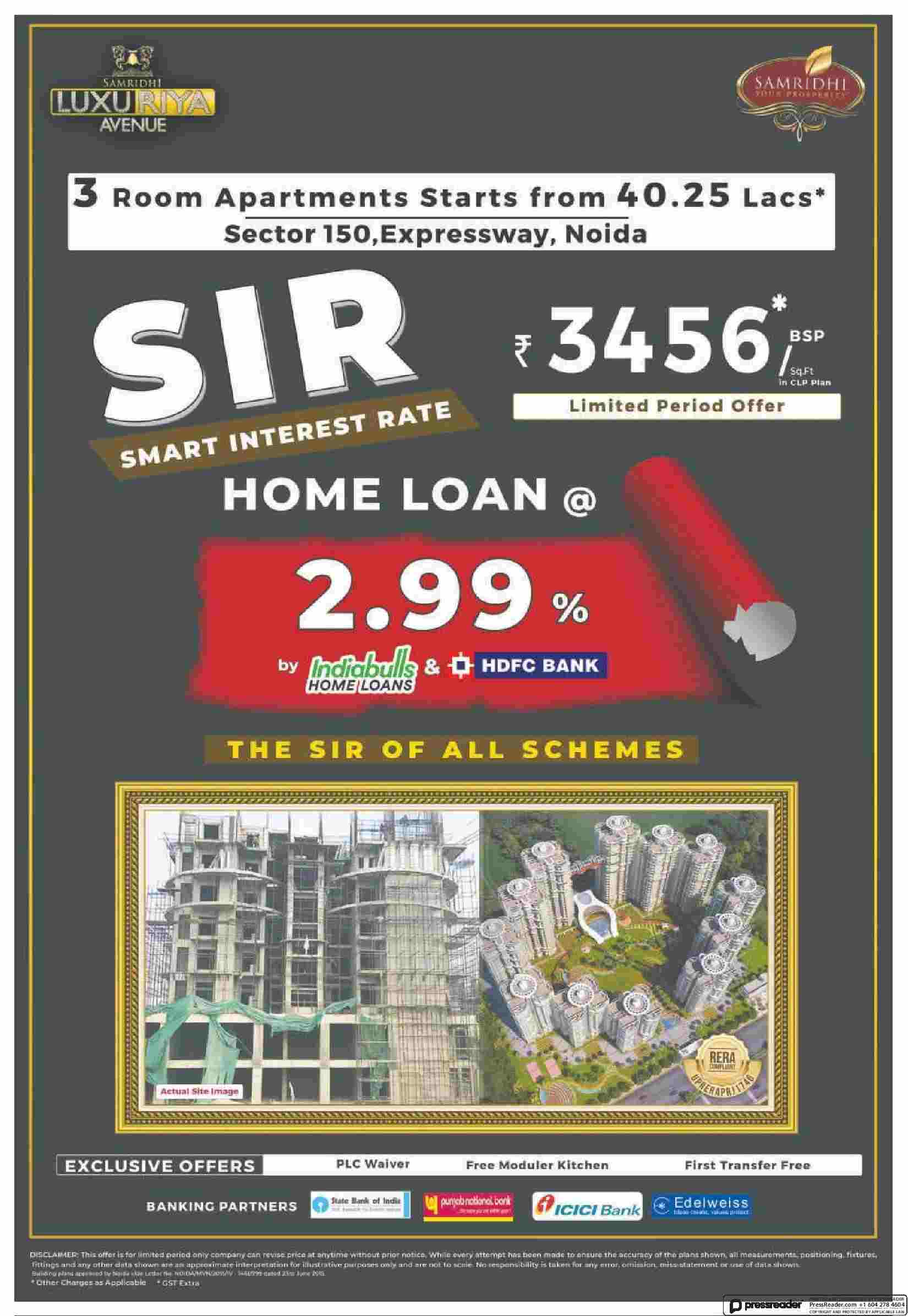 Book with home loan @ 2.99% at Samridhi Luxuria Avenue in Noida Update